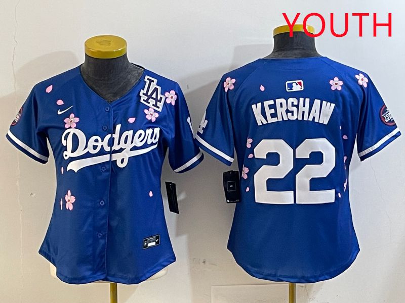 Youth Los Angeles Dodgers #22 Kershaw Blue White Blue Sakura Edition 2025 Nike MLB Jersey style 8->youth mlb jersey->Youth Jersey